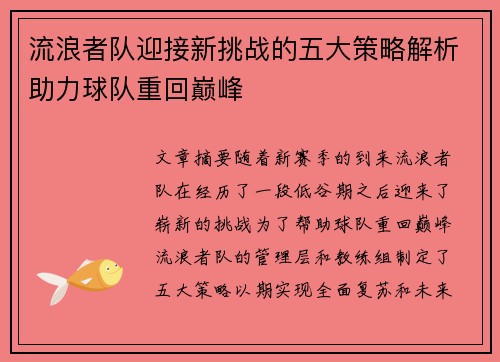 流浪者队迎接新挑战的五大策略解析助力球队重回巅峰