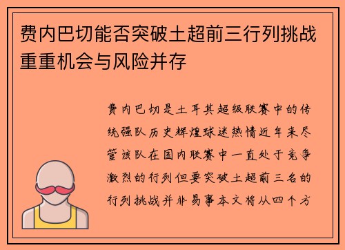 费内巴切能否突破土超前三行列挑战重重机会与风险并存